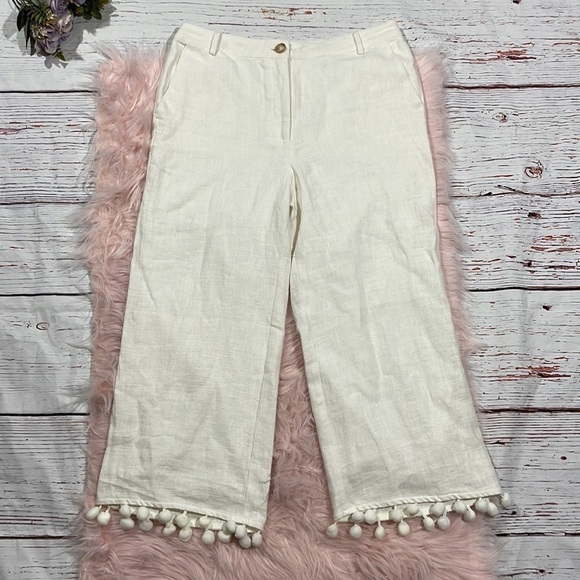Anthropologie Ett:Twa White Pommed Linen Wide Leg High Rise Pants - Picture 2 of 11